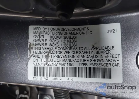 2021 Honda Insight Ex from USA, damaged, VIN 19XZE4F51ME011153